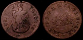 Touch Piece Charles II undated in copper Peck *496 Obverse a three-masted ship in sail to left, Reverse St. Michael piercing the dragon with a 6-point...