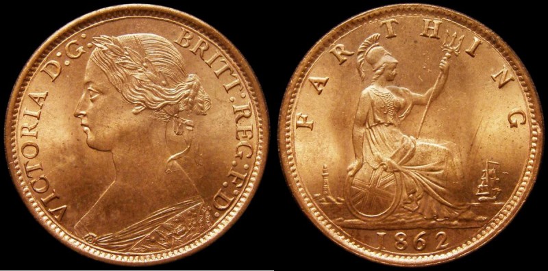 Farthing 1862 Freeman 507 dies 3+B, Small (normal) 8 in date, a superb choice ex...