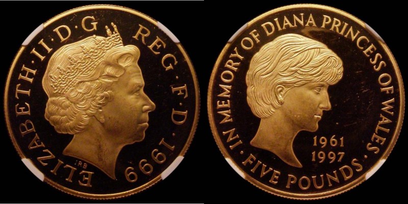 Five Pound Crown 1999 Diana Memorial S.L6 Gold Proof in an NGC holder and graded...