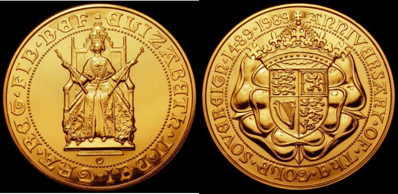 Five Pounds 1989 Gold 500th Anniversary of the First Gold Sovereign S.SE6 UNC wi...