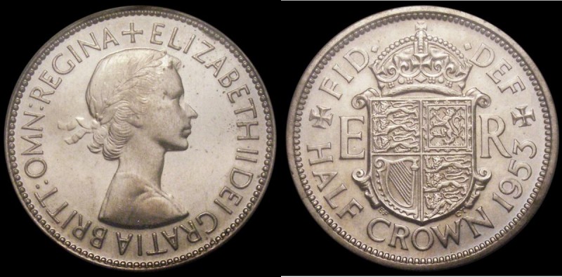 Halfcrown 1953 Proof. Obverse 1 Reverse A. Obverse 1:- I of DEI points to a spac...