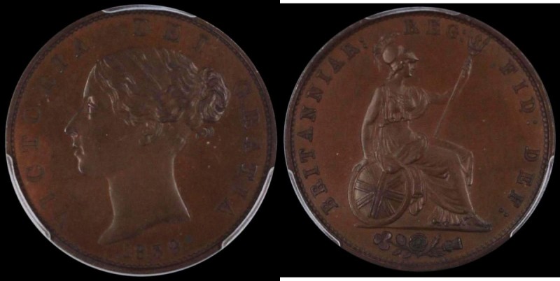 Halfpenny 1839 Bronzed Proof, as Peck 1523 but with 39 over 43 in the date, thes...