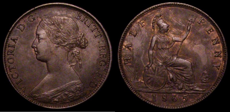 Halfpenny 1865 5 over 3 Freeman 297 dies 7+G very clear overstrike GEF with trac...