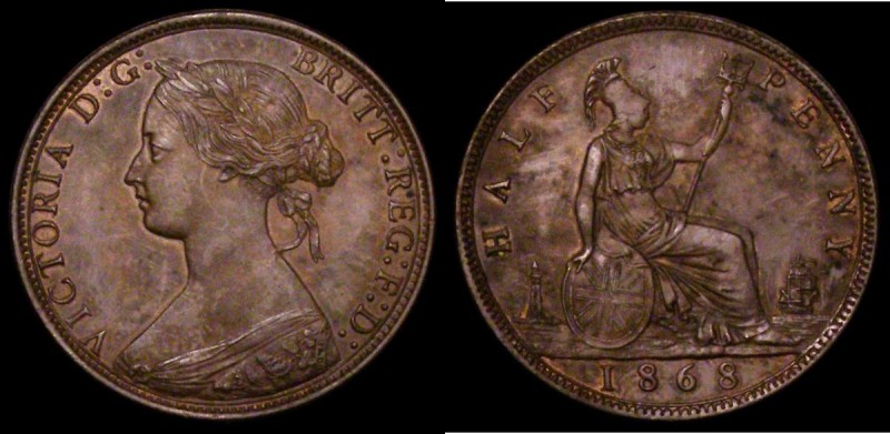 Halfpenny 1868 Freeman 303 dies 7+G approaching UNC with traces of lustre and ve...