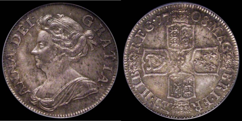 Shilling 1708 Third Bust, plain below bust, plain in angles ESC 1147, Bull 1399,...