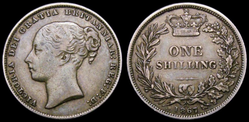 Shilling 1867 Die Number 18 with pellet above die number Bull 3035 Davies 893 Fi...