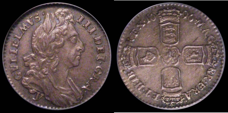 Sixpence 1696y First Bust, Large Crowns, Early Harp ESC 1539, Bull 1296, attract...