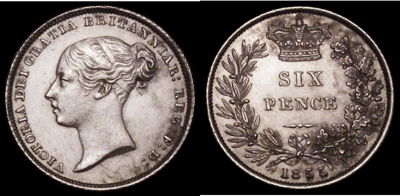 Sixpence 1855 1 over tilted 1 in date and 55 over lower 55, the underlying lower...