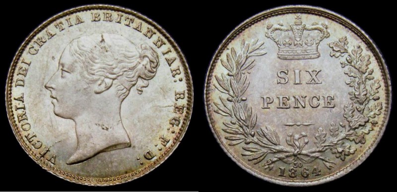 Sixpence 1864 Large Date with serif 4, ESC 1713, Bull 3211, Davies 1065, Die Num...