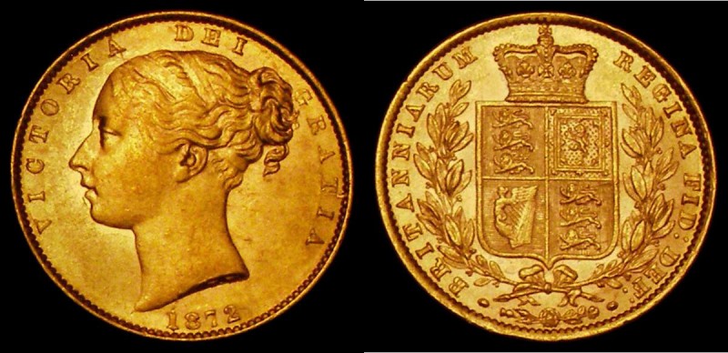 Sovereign 1872 Shield Reverse, No Die Number, Marsh 47 EF/GEF and lustrous