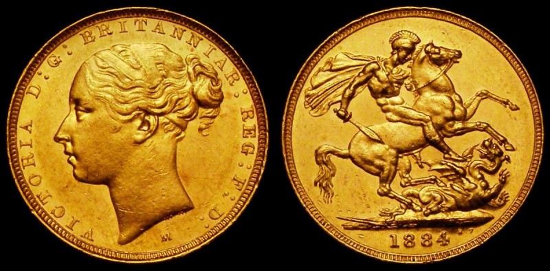 Sovereign 1884M George and the Dragon, WW buried in truncation, Horse with short...