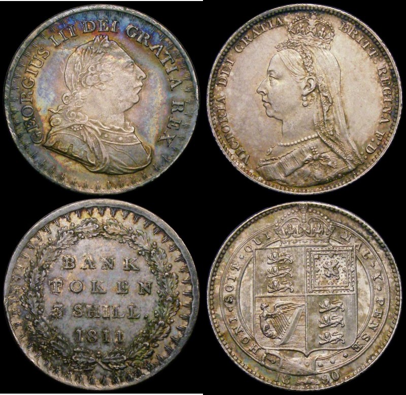 Three Shilling Bank Token 1811 Bust type 26 Acorns ESC 408, Bull 2065 GVF toned,...