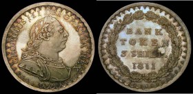 Three Shilling Bank Token 1811 Bust type Proof, Obverse A2 with 5 Berries in Wreath and front leaf pointing between D and E of DEI Reverse with 26 Aco...