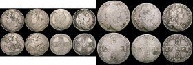 Crowns to Sixpences a small group (7) Crowns (2) 1821 SECUNDO, 1822 TERTIO Halfcrowns (2) 1696y Large Shields and Early Harp, 1698 DECIMO with 4 count...