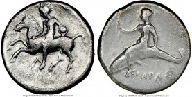 CALABRIA. Tarentum. Ca. 425-380 BC. AR didrachm or stater (20mm, 11h). NGC Fine. Horseman dismounting from rearing horse left, shield in left hand; Λ ...