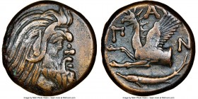 CIMMERIAN BOSPORUS. Panticapaeum. 4th century BC. AE (20mm, 6h). NGC VF. Head of bearded Pan right / Π-A-N, forepart of griffin left, sturgeon left be...