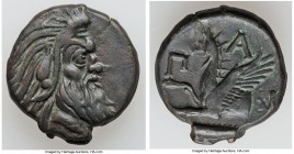 CIMMERIAN BOSPORUS. Panticapaeum. 4th century BC. AE (21mm, 7.78 gm, 12h). XF. Head of bearded Pan right / Π-A-N, forepart of griffin left, sturgeon l...