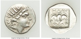 CARIAN ISLANDS. Rhodes. Ca. 88-84 BC. AR drachm (15mm, 2.01 gm, 12h). Choice VF. Plinthophoric standard, Maes, magistrate. Radiate head of Helios righ...