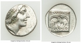 CARIAN ISLANDS. Rhodes. Ca. 88-84 BC. AR drachm (15mm, 2.52 gm, 11h). About XF. Plinthophoric standard, Callixein(os), magistrate. Radiate head of Hel...