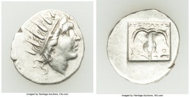 CARIAN ISLANDS. Rhodes. Ca. 88-84 BC. AR drachm (16mm, 2.42 gm, 11h). Choice VF. Plinthophoric standard, Lysimachus, magistrate. Radiate head of Helio...
