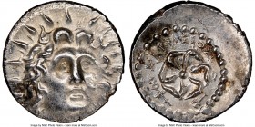 CARIAN ISLANDS. Rhodes. Ca. 84-30 BC. AR drachm (18mm, 4.24 gm, 7h). NGC Choice AU 4/5 - 4/5. Charmios, magistrate. Radiate head of Helios facing, tur...