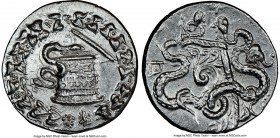 PHRYGIA. Apameia. Ca. 166-133 BC. AR cistophorus (26mm, 12.72 gm, 12h). NGC Choice AU 5/5 - 3/5. Ca. 150-140 BC. Serpent emerging from cista mystica; ...