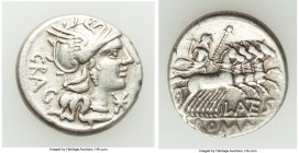 L. Antestius Gragulus (136 BC). AR denarius. (19mm, 3.88 gm, 2h). Rome. GRAG, head of Roma right in winged helmet decorated with griffin crest, barred...