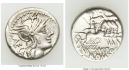 M. Porcius Laeca (ca. 125 BC). AR denarius (18mm, 3.86 gm, 3h). VF. Rome. LAECA, head of Roma right in winged helmet decorated with griffin crest and ...