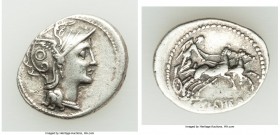 C. Claudius Pulcher (110-109 BC). AR denarius (20mm, 3.79 gm, 2h). VF. Rome. Head of Roma right wearing winged helmet decorated with circular device a...