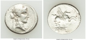 Q. Titius (ca. 90 BC). AR denarius (18mm, 3.93 gm, 12h). VF. Rome. Head of Liber right, wearing ivy wreath, linear border / Q•TITI, Pegasus springing ...