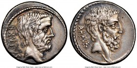 Q. Servilius Caepio (M. Junius) Brutus (54 BC). AR denarius (18mm, 4.08 gm, 4h). NGC XF 5/5 - 2/5. Rome. BRVTVS, bare head of L. Junius Brutus right /...