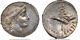 Albinus Bruti f. (ca. 48 BC). AR denarius (19mm, 3.51 gm, 9h). NGC MS 4/5 - 4/5. PIETAS, head of Pietas right, wearing pendant earring, strands of hai...