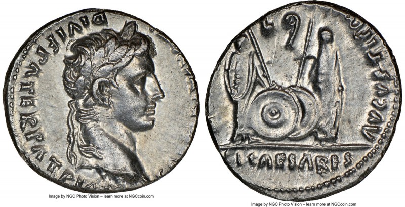 Augustus (27 BC-AD 14). AR denarius (18mm, 8h). NGC AU. Lugdunum, 2 BC-AD 4. CAE...