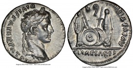Augustus (27 BC-AD 14). AR denarius (18mm, 8h). NGC AU. Lugdunum, 2 BC-AD 4. CAESAR AVGVSTVS-DIVI F PATER PATRIAE, laureate head of Augustus right / A...