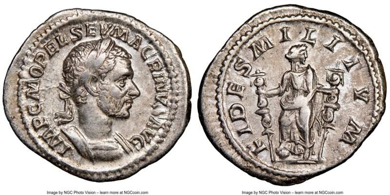 Macrinus (AD 217-218). AR denarius (20mm, 3.17 gm, 7h). NGC XF 5/5 - 5/5. Rome. ...