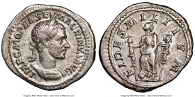 Macrinus (AD 217-218). AR denarius (20mm, 3.17 gm, 7h). NGC XF 5/5 - 5/5. Rome. IMP C M OPEL SEV MACRINVS AVG, laureate, cuirassed bust of Macrinus ri...