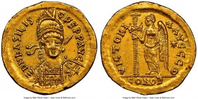 Basiliscus, Eastern Roman Empire (AD 475-476). AV solidus (20mm, 4.47 gm, 6h). NGC AU 5/5 - 2/5, graffiti, marks, clipped. Constantinople, January AD ...