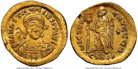 Anastasius I (AD 491-518). AV solidus (20mm, 4.43 gm, 5h). NGC Choice AU 4/5 - 3/5, scuff. Constantinople, AD 498-518, 10th officina. D N ANASTA-SIVS ...