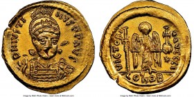 Justin I (AD 518-527). AV solidus (21mm, 4.47 gm, 7h). NGC MS 3/5 - 4/5, adjusted flan. Constantinople, 10th officina. D N IVSTI-NVS PP AVG, helmeted,...