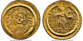 Justin II (AD 565-578). AV solidus (21mm, 4.53 gm, 6h). NGC MS 4/5 - 5/5. Constantinople, 1st officina. D N I-VSTI-NVS PP AVG, cuirassed bust of Justi...