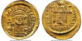 Maurice Tiberius (AD 582-602). AV solidus (21mm, 4.49 gm, 6h). NGC MS 4/5 - 4/5. Constantinople, 10th officina, AD 582-583. d N mAVRIC-TIbЄ P P AVI, c...