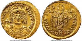 Maurice Tiberius (AD 582-602). AV solidus (20mm, 4.46 gm, 7h). NGC MS 4/5 - 3/5, brushed. Constantinople, 2nd officina. o N mAVRC-TIb PP AVG, draped a...