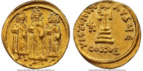 Heraclius (AD 610-641), with Heraclius Constantine and Heraclonas. AV solidus (19mm, 4.41 gm, 6h). NGC Choice AU 5/5 - 3/5, graffiti. Constantinople, ...