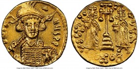 Constantine IV Pogonatus (AD 668-685) with Heraclius and Tiberius. AV solidus (18mm, 4.38 gm, 5h). NGC MS 4/5 - 5/5. Constantinople, 8th officina, AD ...
