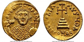 Leontius (AD 695-698). AV solidus (20mm, 4.37 gm, 7h). NGC MS 4/5 - 3/5, edge bend, clipped. Constantinople, 9th officina. D LЄO-N PЄ AV, facing bust ...