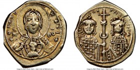 Michael VII Ducas (AD 1071-1078), with Maria. EL tetarteron nomisma (19mm, 4.05 gm, 5h). NGC Choice VF 5/5 - 4/5. Constantinople. Facing bust of the V...