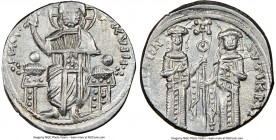 Andronicus II Palaeologus and Michael IX (AD 1294-1320). Anonymous Issue. AR basilicon (20mm, 5h). NGC AU. Constantinople, AD 1304-1320. KYPIЄ-BOHΘЄI,...