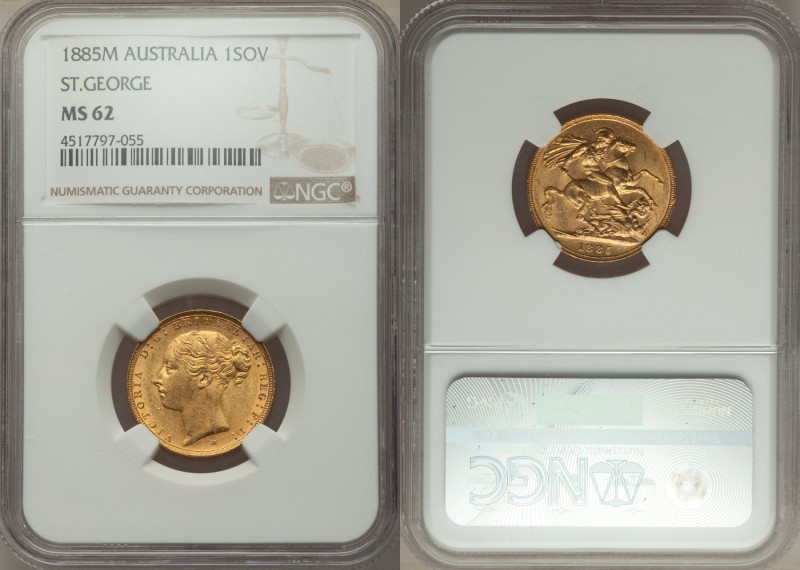 Victoria gold "St. George" Sovereign 1885-M MS62 NGC, Melbourne mint, KM7. AGW 0...