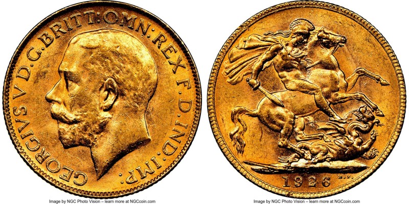 George V gold Sovereign 1926-P AU58 NGC, Perth mint, KM29. A key issue of the se...