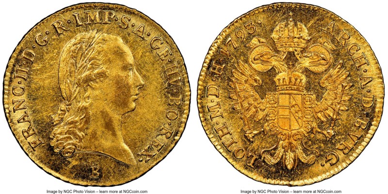 Franz II (I) gold Ducat 1793-B AU58 NGC, Kremnitz mint, cf. KM1886 (mint unliste...